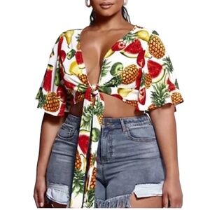 NWT SRV x FTF Elizabeth Tropical Fruit Print Tie Front Crop Top Size 1 (14/16)